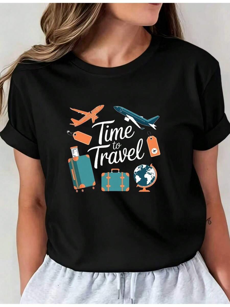 Limited Edition T-Shirt With Time Travel Print, Short Sleeve, Round Neck, Casual Top For Spring And Summer, I01 Women's Clothing, Comfortable And Casual Women's Clothing With Round Neck, Made Of Lightweight Cotton. - 黑色 - 查看 1