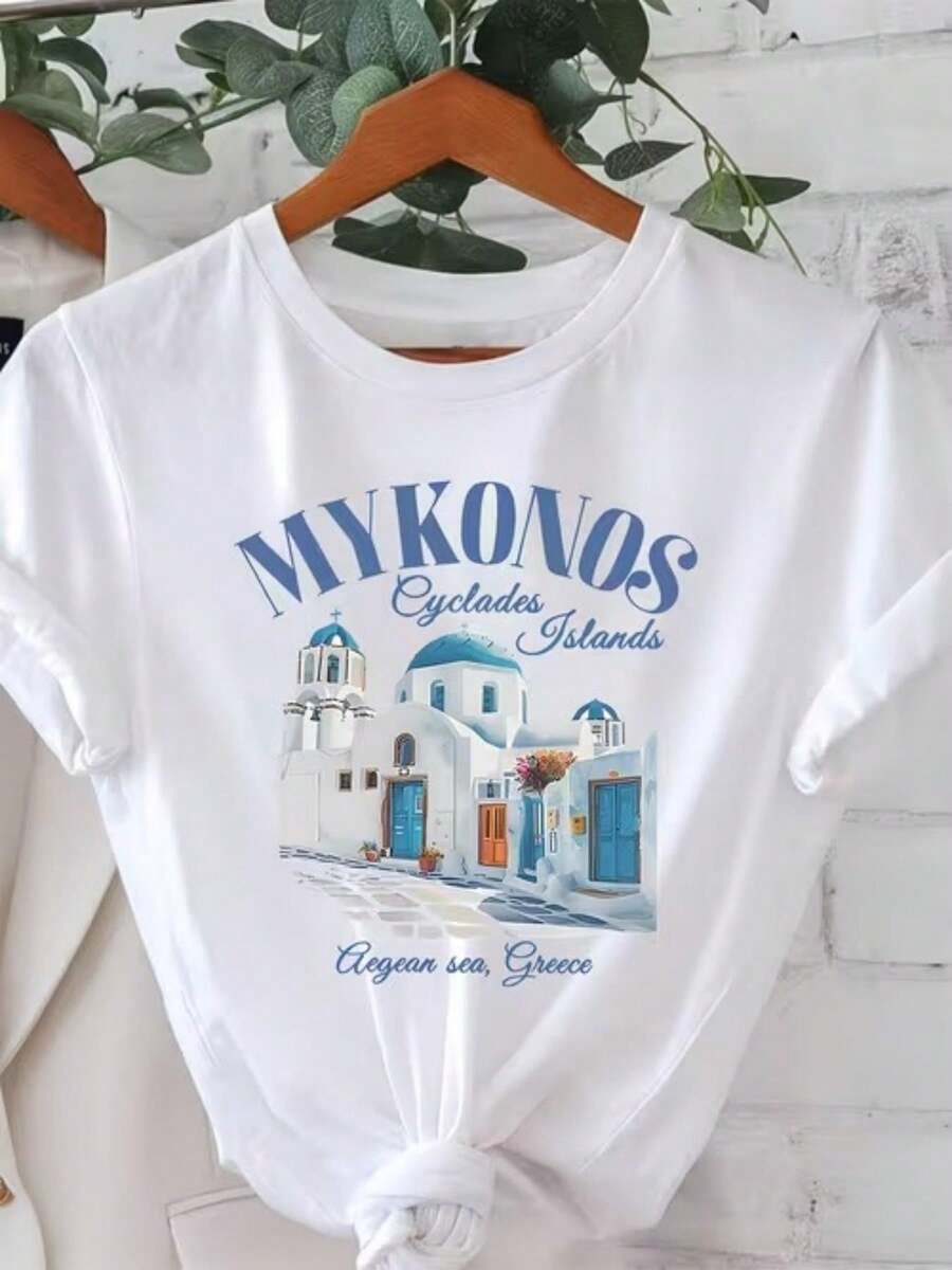 Camiseta de manga corta de edición limitada para mujer, talla, de verano, con cuello redondo, transpirable y estampada, con un diseño de las islas Cíklades de Myconos, Grecia. Adecuado para usar en todas las estaciones, sencillo, para regalos navideños, uso diario, muy adecuado para el fresco verano. Algodón ligero. - Blanco - Ver 1