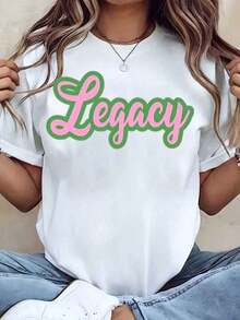 Soft, Breathable, And Lightweight For All-Day Comfort. Women's Legacy T-Shirt With Pink And Green Script Print, Crew Neck, Basic Top, Casual Wear, Gift Idea Aka Sorority 220g. Classic Crew Neck With A Relaxed Fit That Flatters All Body Shapes And Is Easy To Pair With Jeans, Shorts, And Leggings. - 白色 - 查看 1