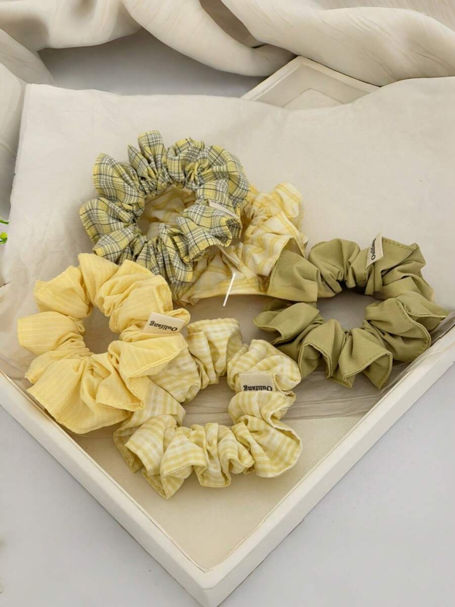 1個/4個裝 格紋休閒聚酯纖維 (Polyester) 活力女孩大號黃色緞面格紋大腸髮圈,適用於髮髻與低馬尾,春季/夏季 - 彩色 - 查看 1