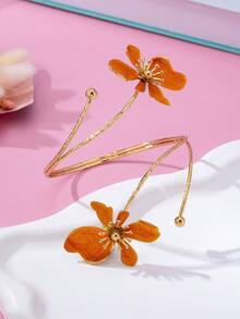 1pc Gold Artificial Drip Oil Coffee Brown Flower Bangle, Vintage Bohemian Style, Seasonal Fashion Accessory, Suitable For Daily Wear, Parties And Celebrations, Best Gift For Female Friends - Burnt Orange - View 4