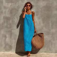 Solid Color Vintage Casual Cotton Linen Long Strap Dress Women - White - View 10