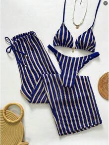 Traje de baño de dos piezas con pantalones largos de malla tejida a rayas, conjunto de bikini bohemio de tres piezas para mujer. - Azul oscuro - Ver 12