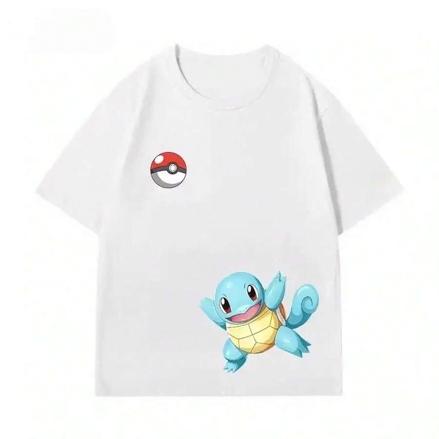 P1okem1on S1quirtle Printed Cotton T-Shirt, Urban Style, Crew Neck, Loose Fit, Casual, For Everyday Wear. 220g Pure Cotton Short-Sleeved T-Shirt For Men And Women, Thick Fabric, Wrinkle-Resistant And Won't Easily Lose Its Shape. Simple And Versatile Style, Lightweight And Breathable, Perfect For Work, Travel, Camping, Shopping, And Everyday Leisure Time. - 白色 - 查看 1