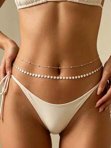 2pcs Sequin & Pearl Double-Layer Waist Chain, Fashionable Sexy Beach Holiday Party Body Chain, Suitable For Daily Wear & Gift - Silver - View 3