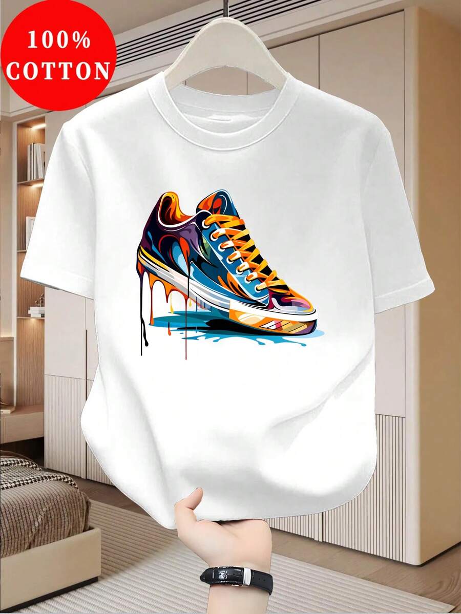 T-shirt 100% coton pour homme, haut léger à manches courtes pour l'été, coupe ajustée tendance à col rond, respirant, décontracté et polyvalent pour les jeunes, idéal pour les trajets quotidiens, imprimé graffiti tendance avec motif artistique à éclaboussures, style streetwear. - Blanc - Voir 1