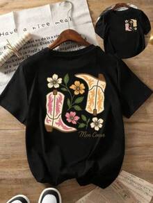 2026 Camiseta de Manga Corta Estampada con Botas de Vaquero Occidentales para Mujeres - Top Casual Negro de Cuello Redondo con Diseño "A Little Country" en Frente y Espalda, Cómoda para Todas las Estaciones, Lavable a Máquina, Accesorios de Mezclilla, Diseño de Bloques de Color, Tela Duradera, Envío Nacional para Mujeres, Blusas de Manga Larga para Mujeres 1pc 180g Unisex Loose Crewneck T-Shirt - Negro - Ver 1