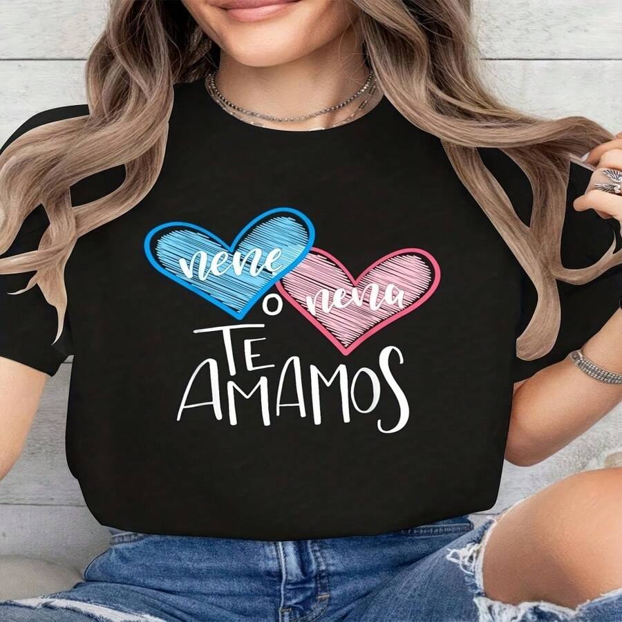 Women's Casual Cotton Round Neck Short Sleeve T-Shirt with 'Nene o Nena Te Amamos' Heart Print, Regular Fit - Negro - Ver 1