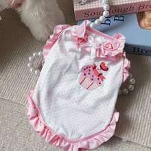 1 pieza Vestido de perro o gato bordado con diseño de cupcake lindo, ropa de perrito o gatito con lunares, chaleco suave y transpirable para perros y gatos, conjunto dulce de verano y primavera para perros y gatos pequeños - Rosa - Ver 12