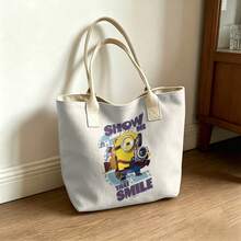 Miniso Bolsa de lona con diseño de Minions "Muéstrame esa sonrisa", bolso de hombro blanco para uso diario - Blanco - Ver 7
