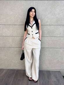 Traje de chaleco y pantalones con ribete de contraste elegante para mujer, todos los atuendos para mujer, de vuelta a la escuela, atuendos de maestra para mujer, vestido de invitada de boda elegante, casual de negocios para mujer, vestido de invi - Albaricoque - Ver 7