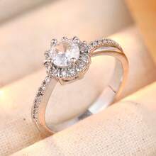 Fashionable Minimalist Round Cut Cubic Zirconia Center Stone Ring, Handmade Jewelry Suitable For Wedding Banquet, Perfect Gift For Women - Silver - View 6