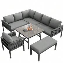 Conjunto de muebles de jardín, conjunto de muebles de jardín de cuerda con estructura de hierro galvanizado, patas ajustables, sofá esquinero, mesa con tablero de vidrio templado, incluye todos los cojines de asiento y respaldo, gris. - Gris - Ver 5
