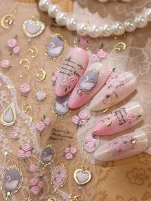 5D Embossed Fruit Nail Art Stickers, Apple Cherry Bow Rabbit Star Self-Adhesive Nail Decals, Sweet Cute Summer DIY Nail Decoration, 1pc/Pack - Gold - View 3