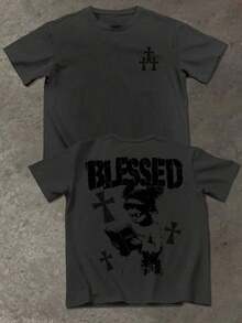 Manfinity Men's Casual T-Shirt With Cross And Letter Print, For Summer - 深灰色 2 - 查看 2