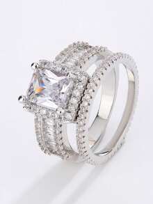 Luxury Sparkling Square Geometric Cubic Zirconia 2 Pieces Ring Set, Jewelry Gift For Men & Women - White - View 6