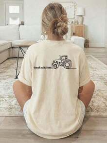 Camiseta de manga corta con cuello redondo para mujer, ideal para vacaciones de verano, con un estampado de tractor y el texto "Gracias a un agricultor". Lavable a máquina, adecuado para uso casual, ropa multiusos, moderna y tipo camiseta, material cómodo, 100% algodón. - Blanco - Ver 7