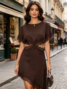 Women's Elegant Brown Lace Satin Mini Dress | Asymmetric Hem Slit Batwing Neckline - Suitable For Parties, Cocktail Events, Spring/Summer Wear - Marrón - Ver 3