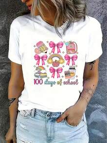 Women's Short-Sleeved T-Shirt, Made Of Polyester Fiber, Simple Design, Lightweight And Comfortable For Everyday Wear, Suitable For Casual Outings And Indoor Activities, The Soft Fabric Provides A Breathable And Relaxed Wearing Experience Throughout The Day. - 白色 - 查看 6