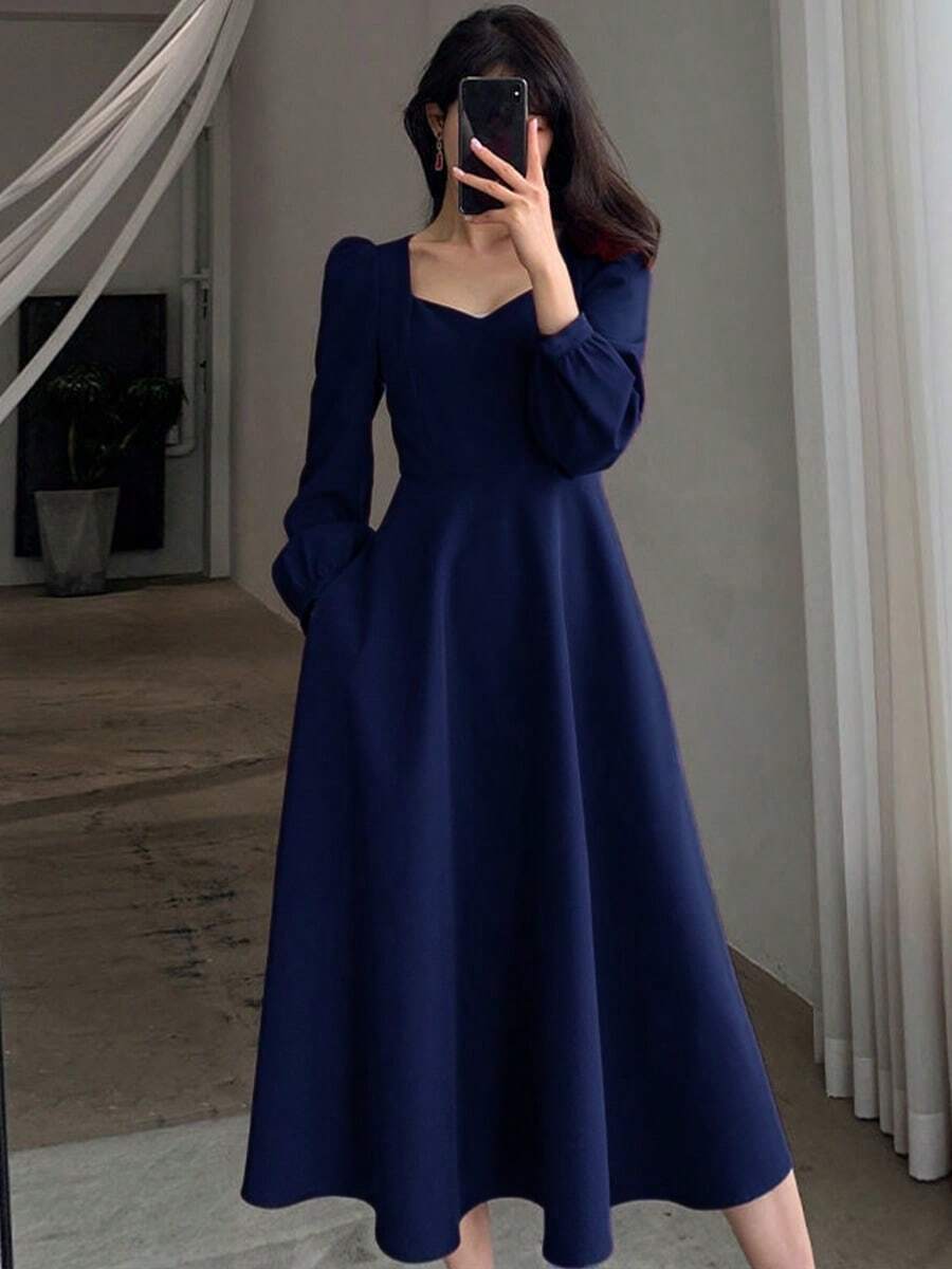Vestidos largos de mujer Hepburn vintage cuello en v largo temperamento vestidos largos - Azul Marino - Ver 1