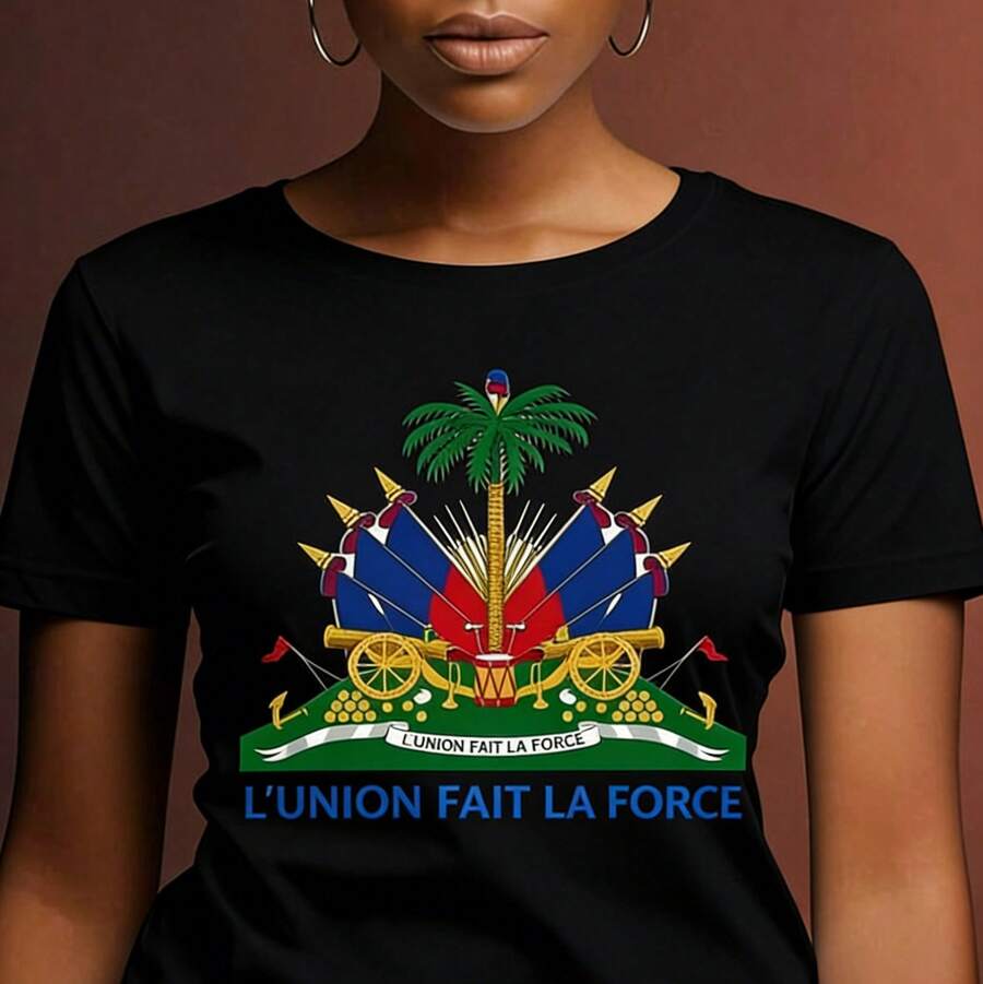 Shirts, Summer Tops, Haiti National Coat Of Arms Graphic Tees, White Cute Tops Women Mexican Style Vacation Summer Clothes - 黑色 - 查看 1