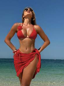 Nuevo traje de baño bikini de tres piezas con falda de malla y diseño de flor de rosa en color sólido y sexy. - Rojo - Ver 10