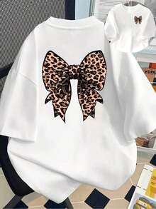 Camisetas de manga corta de talla grande para mujer, ideales para el verano, tops básicos para el día a día, camiseta estampada de manga corta con diseños en la parte delantera y trasera - estampado de leopardo con lazo, accesorio de moda - camiseta estampada de primavera/verano para mujer, ¡tu mejor elección! Transpirable y cómoda. - Blanco - Ver 11
