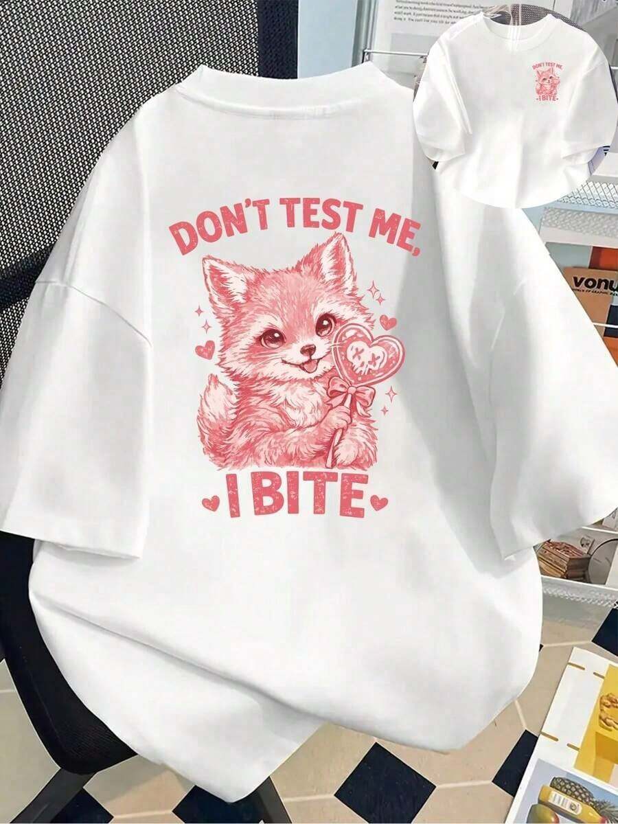 Camiseta de manga corta estampada con diseños en la parte delantera y trasera - "No te metas conmigo, te morderé" - Camiseta estampada de primavera/verano para mujer, ¡tu mejor elección! Transpirable y cómoda. - Blanco - Ver 1