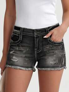 Shorts de mezclilla rectos sin elasticidad de talle medio para mujer, diseño desgastado y dobladillo deshilachado, estilo casual - Gris - Ver 3