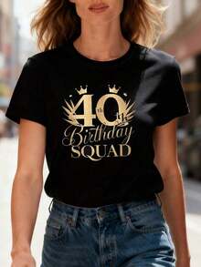Suave, transpirable y ligera para comodidad durante todo el día. Camiseta de manga corta con cuello redondo para mujer con estampado gráfico "40Th Birthday SQUAD", perfecta para salidas informales, regalos navideños, reuniones de amigos, fiestas de música y atuendos de vacaciones. Cuello redondo clásico con un corte relajado que favorece todas las formas del cuerpo y es fácil de combinar con jeans, shorts y leggings. - Negro - Ver 6