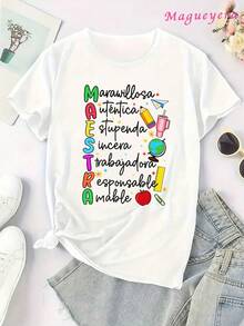 Women's Plus Size Soft T-Shirt With Teacher Print, Teacher Gift, , Adorable, Summer Dresses For Women, Casual, Perfect For All Seasons, S M L XL, 100% - 白 - 查看 3