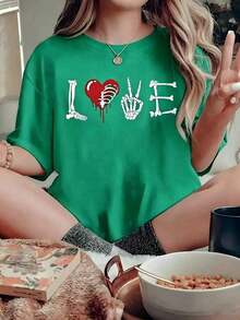 CasualPlayera Negra con Gráfico "LOVE" de Esqueletos y Corazón de Costillas, Camiseta Huesos Góticos Dark Aesthetic, Blusa Holgada Oversize Estilo Grunge Rock, Tops para San Valentín OscuroMust-have - Verde - Ver 6