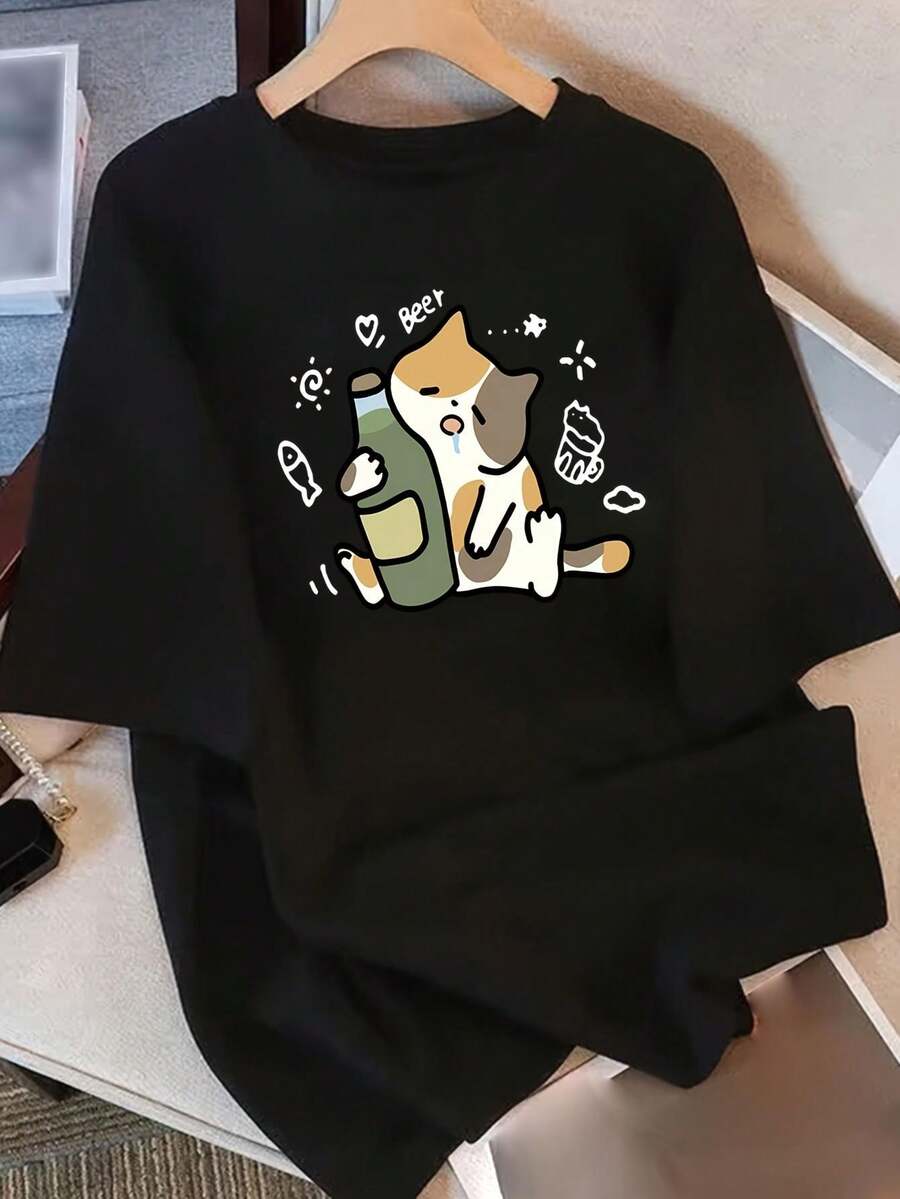 Women's Minimalist Casual Summer T-Shirt, Loose Fit With Round Neck, Comfortable And Casual, Perfect For A Youthful And Vibrant Everyday Wear, Women's Going Out Blouse - 黑色 - 查看 1