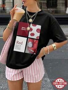 Moderna camiseta blanca con collage de labios rojos, auto y texto "mon chéri", diseño chic y estiloso ideal para looks urbanos. - Negro - Ver 1