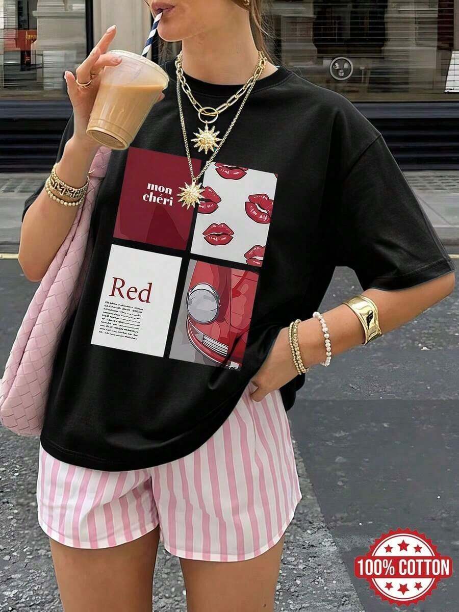 Moderna camiseta blanca con collage de labios rojos, auto y texto "mon chéri", diseño chic y estiloso ideal para looks urbanos. - Negro - Ver 1