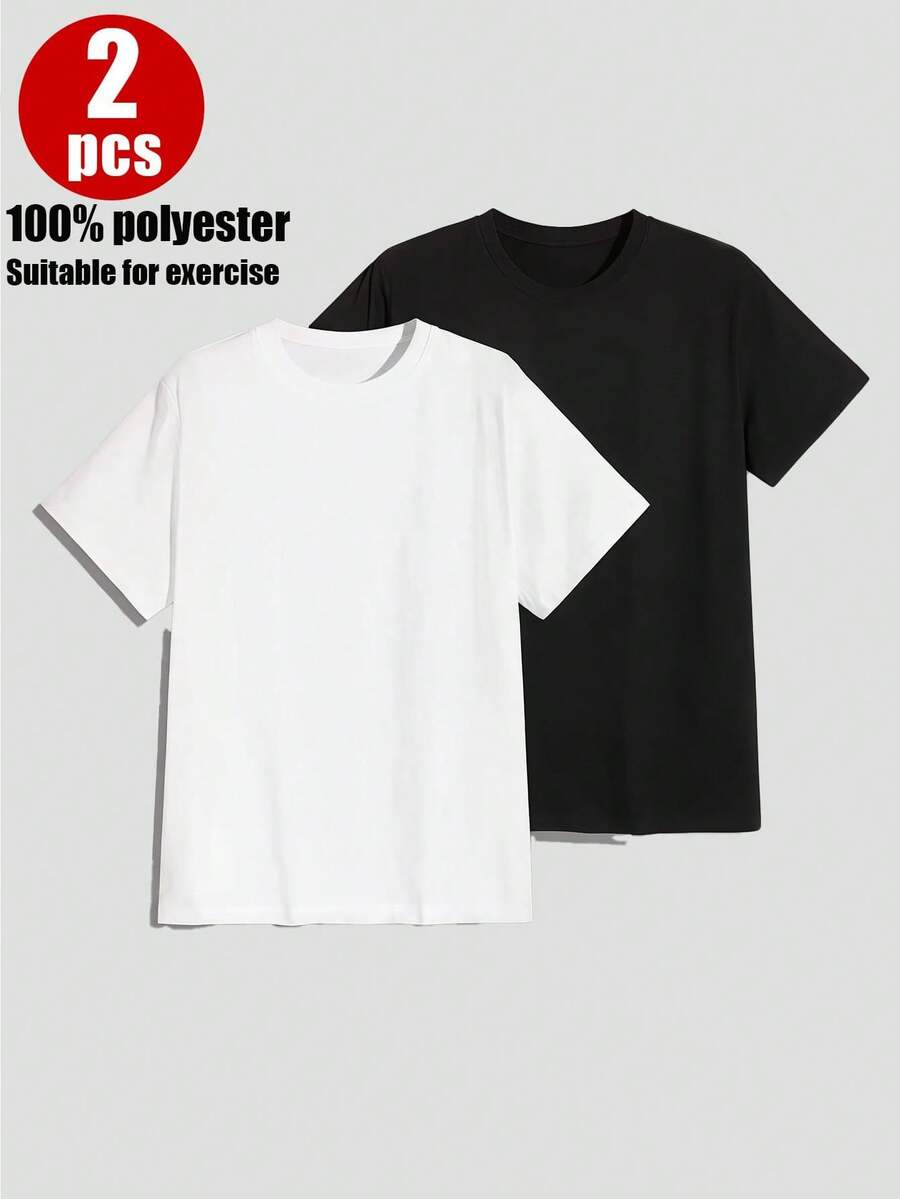 "2Pack/Set Basic Black Crew Neck Tees",Soft Polyester Breathable Fabric, Women's T-Shirt, Short-Sleeve Crew Neck Tee, Versatile Layering Essential, Casual Basic Top - 黑與白 - 查看 1