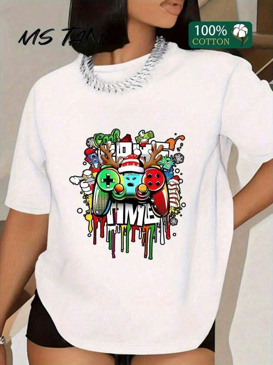 | 1 Camiseta de Mujer 100% Algodón Transpirable | Camiseta de manga corta de algodón puro de 180g, 100% algodón, con estampado de consola de juegos colorido, suave y transpirable, de cuello redondo, estilo casual para primavera y verano, camiseta de mujer, 1 pieza.Chica, - Ideal para el verano. Camiseta fresca de verano, estilo unisex. - Blanco - Ver 1
