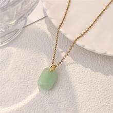 Green Jade Safety Rectangle Tag Necklace, Minimalist Square Pendant Titanium Steel Clavicle Chain, Luxury All-Match Lucky Amulet Jewelry For Daily Wear - 金色-項鍊1 - 查看 1