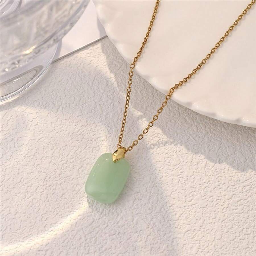 Green Jade Safety Rectangle Tag Necklace, Minimalist Square Pendant Titanium Steel Clavicle Chain, Luxury All-Match Lucky Amulet Jewelry For Daily Wear - 金色-項鍊1 - 查看 1