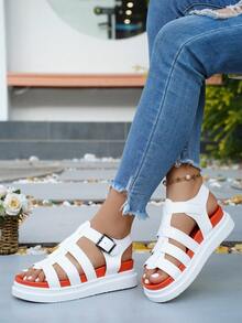 Sandales à semelle épaisse style coréen pour femmes, sandales romaines mode décontractée d'été à plateforme compensée - Orange - Voir 5