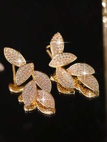 1 Par de Brincos Pendentes Assimétricos em Forma de Folha com Zircónia Cúbica AAA, Luxuosos e Elegantes, para Mulher, Adequados para Casamento e Uso Diário, Presente - Ouro - Ver 6