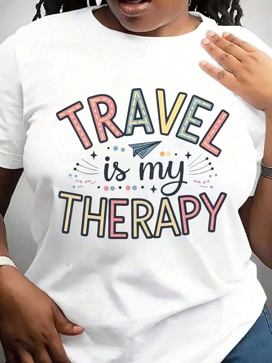 Women's T-Shirt "Travel Is My Therapy", Casual Round Neck, Short Sleeve, Knit Fabric With Geometric Pattern (95%) With Spandex (5%), Regular Length, All Season Comfort, Fabric Weight 180gm² - 白色 - 查看 1