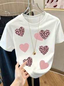 Camiseta de manga corta con estampado de leopardo y decoración de corazón para mujer - Blanco - Ver 3