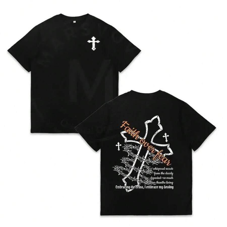 Camiseta Gráfica con Estampado de Alambre de Púas Cruzado, Camiseta Casual Oversize para Hombres y Mujeres, Uso Diario, Moda Urbana, Estilo Y2K, Corte Holgado, Tela Suave y Cómoda, Estilo Urbano de Moda, Prenda Imprescindible, Camiseta Casual, Camisetas Estilo Boyfriend, Camiseta de Cuello Redondo - Negro - Ver 1