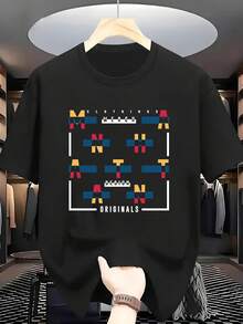 Camiseta de Hombre Talla Grande 100% Original con Estampado Moderno de Manga Corta, Estilo Urbano Individual con Elementos Geométricos de Moda, Camiseta Cómoda y Casual de Manga Corta para el Verano - Negro - Ver 1