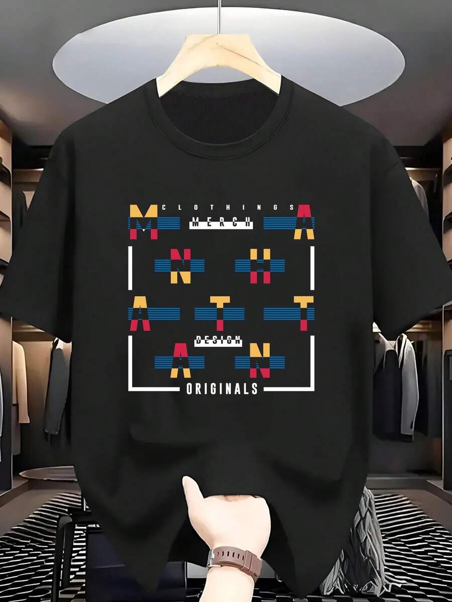 Camiseta de Hombre Talla Grande 100% Original con Estampado Moderno de Manga Corta, Estilo Urbano Individual con Elementos Geométricos de Moda, Camiseta Cómoda y Casual de Manga Corta para el Verano - Negro - Ver 1