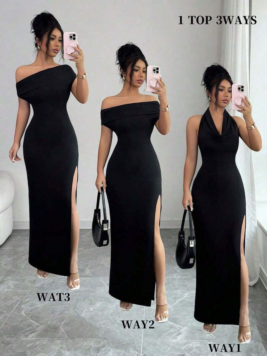 Vestido largo de mujer 3 en 1, con abertura alta en el bajo, cuello drapeado, hombro asimétrico, adecuado para festivales, vacaciones en la playa, fiestas de té, estilo minimalista, vestidos elegantes, vestido negro, bailes de graduación, atuendo - Negro - Ver 1