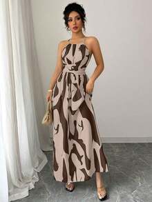 Vestido de línea A con estampado gráfico en blanco y negro, con hombros abiertos, nudo retorcido y escote de halter, elegante para primavera/verano de las mujeres - Marrón - Ver 3