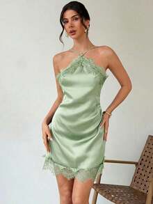 Vestido mini ajustado de satén negro con adorno de encaje, elegante y romántico para citas, festivales de música, fiestas, graduaciones, vacaciones, invitada de boda, vestido de cumpleaños - Verde - Ver 8