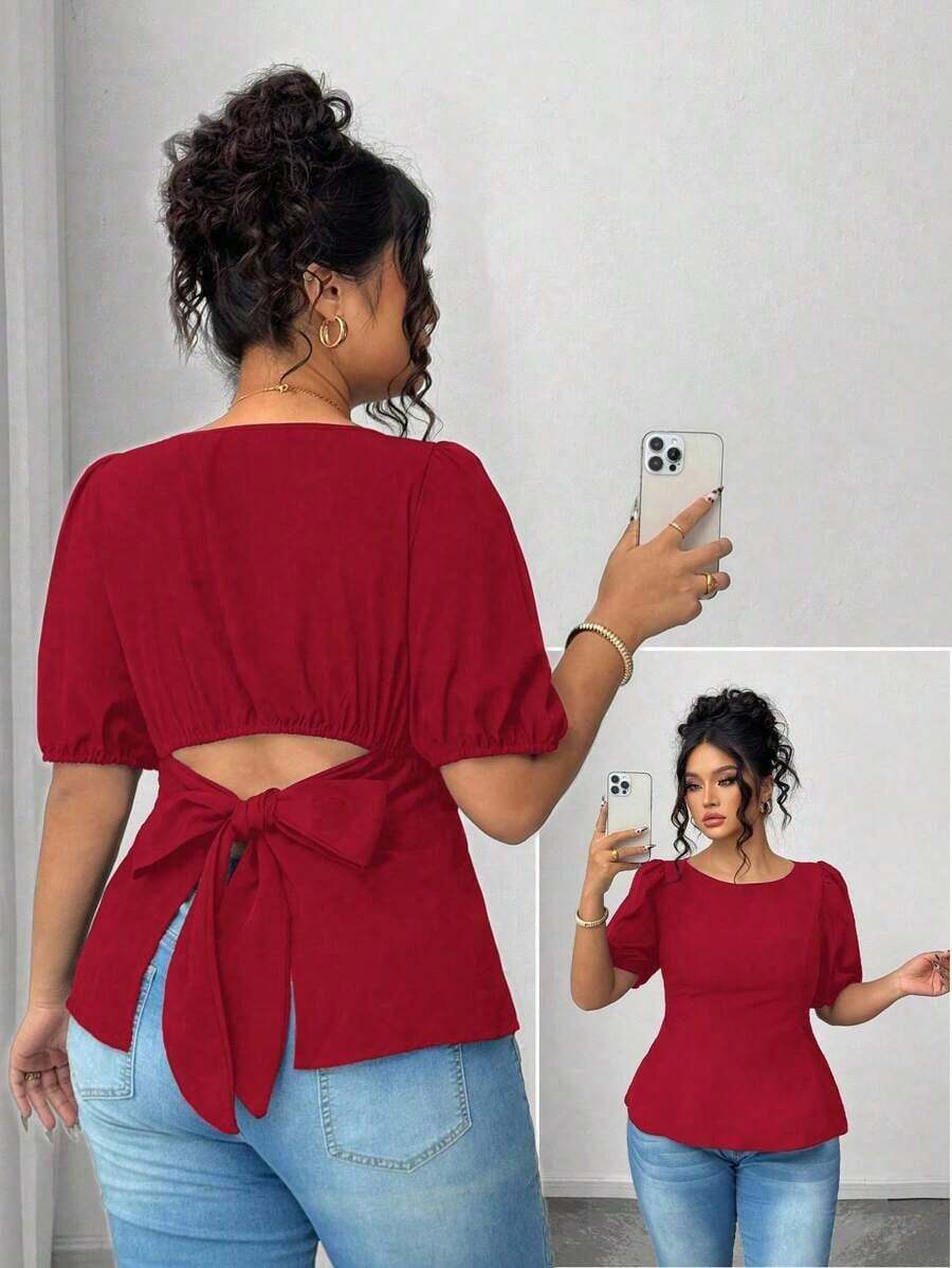 Blusa casual de manga corta con lazo y espalda abierta, unicolor, para mujer talla grande, verano - Burdeos - Ver 1